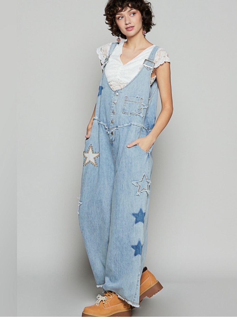 POL Denim Overalls Jumpsuit Star Patchwork Blue Star Studs - Small